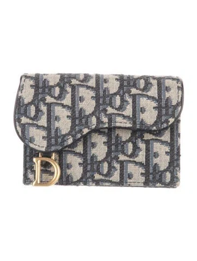 Pre-owned Dior 2022 Oblique Jacquard Compact Wallet In Blue