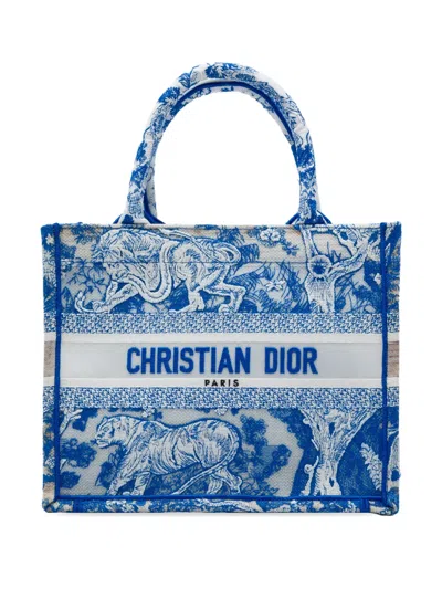 Pre-owned Dior 2022 Small Canvas Embroidered Toile De Jouy Sauvage Book Tote Bag In Blue