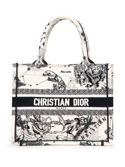 Pre-owned Dior 2022 Small Canvas Embroidered Zodiac Toile De Jouy Book Tote Bag In White