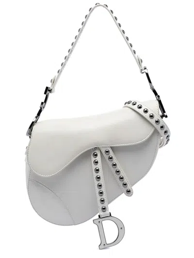Pre-owned Dior 2022 Studded Leather Saddle Bag Satchel In White
