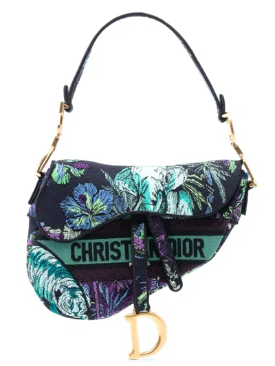 Pre-owned Dior 2023 Canvas Embroidered Floral Saddle Bag Shoulder Bag In Blue
