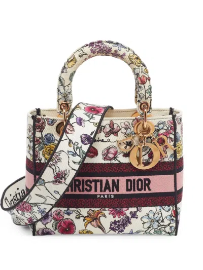 Pre-owned Dior 2023 Lady D-lite Floral-embroidered Tote Bag In Neutral