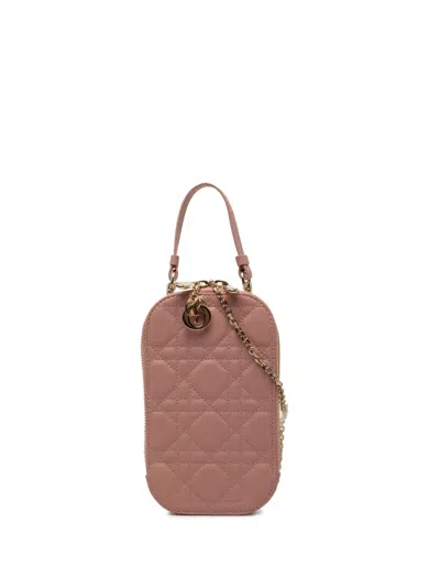 Pre-owned Dior 2023 Lambskin Cannage Lady  Call In Phone Holder Satchel In Pink