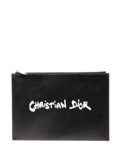 Pre-owned Dior 2023 Leather Daily Script Clutch Bag In Black