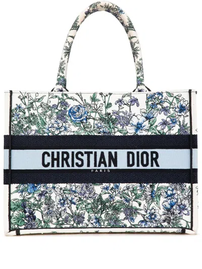Pre-owned Dior 2023 Medium Canvas Embroidered Flowers Book Tote Bag In Blue