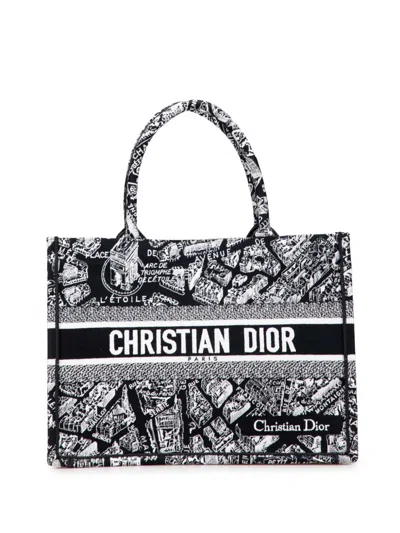 Pre-owned Dior 2023 Medium Canvas Embroidered Plan De Paris Book Tote Bag In Black