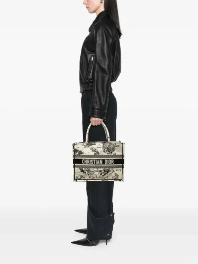 Pre-owned Dior 2023 Medium Canvas Embroidered Zodiac Toile De Jouy Book Tote Bag In White