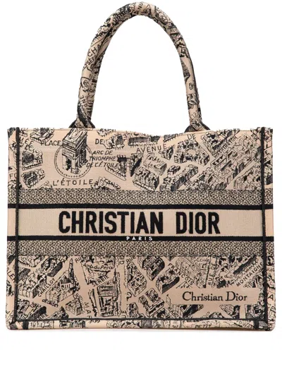 Pre-owned Dior 2023 Medium Embroidered Canvas Plan De Paris Book Tote Bag