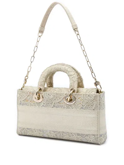 Pre-owned Dior 2023 Medium Embroidered Lace 3d Macrame Lady D Joy Satchel In Neutrals
