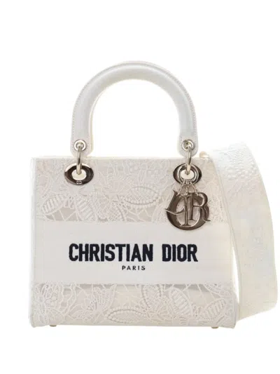 Pre-owned Dior 2023 Medium Embroidered Lace 3d Macrame Lady D Lite Satchel In White
