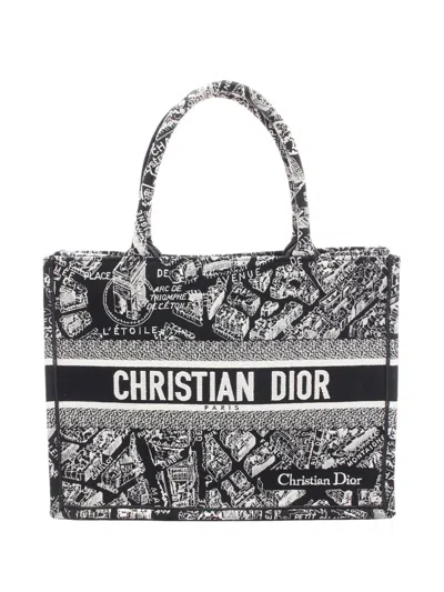 Pre-owned Dior 2023 Medium Embroidered Plan De Paris Canvas Book Tote Bag In Black