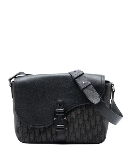 Pre-owned Dior 2023 Medium Oblique Canvas And Grained Calfskin Saddle Messenger Bag With Flap Crossbody Bag In Black