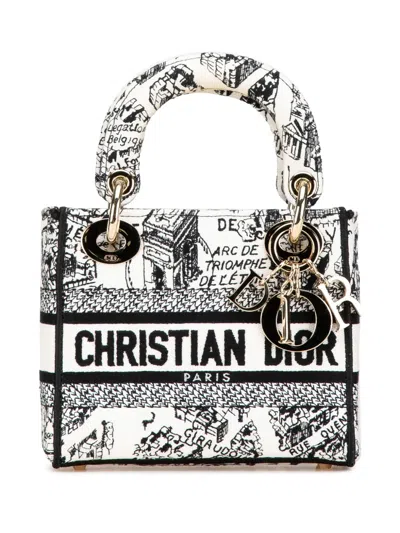 Pre-owned Dior 2023 Mini Embroidered Canvas Plan De Paris Lady D Lite Satchel In White