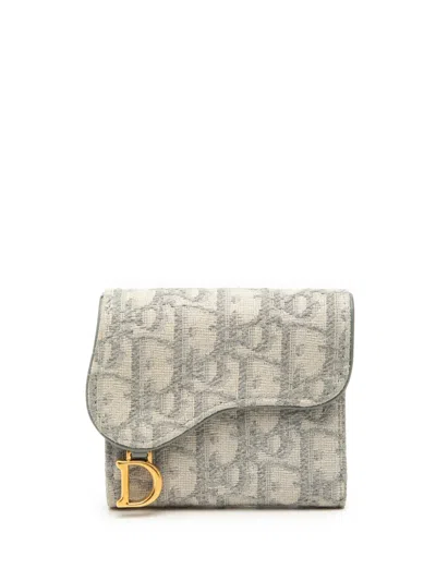 Pre-owned Dior 2023 Oblique Canvas Saddle Lotus Wallet Small Wallets In Gray