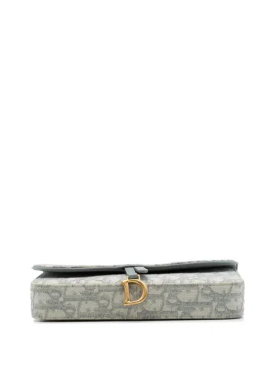 Pre-owned Dior 2023 Oblique Canvas Saddle Wallet On Chain Crossbody Bag In Grey