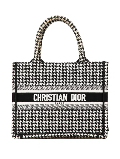 Pre-owned Dior 2023 Small Houndstooth Embroidered Book Tote Bag In White