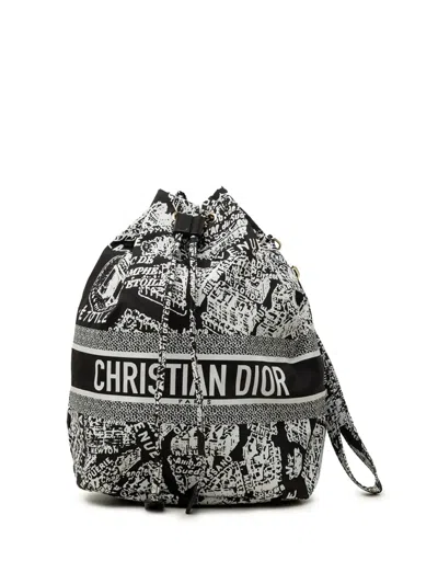Pre-owned Dior 2023 Technical Fabric Plan De Paris Travel Drawstring Pouch In Black