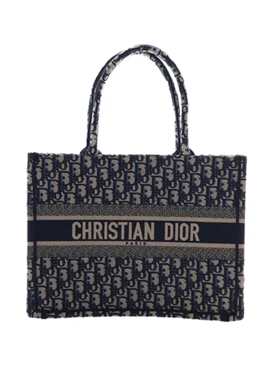 Pre-owned Dior 2024 Medium Oblique Embroidered Canvas Book Tote Bag In Blue