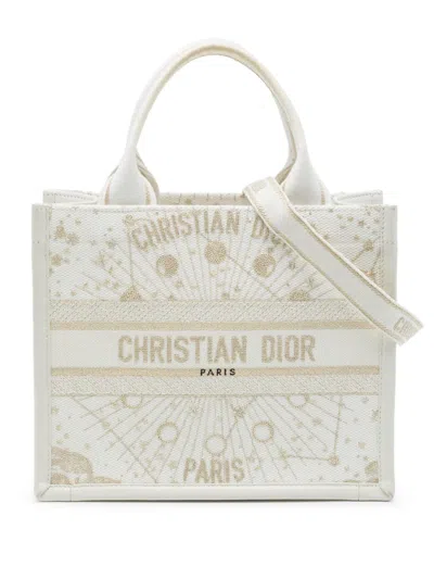 Pre-owned Dior 2024 Small Embroidered Canvas Gold Star Book Tote Satchel In White