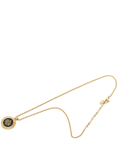 Pre-owned Dior 20th Century Gold Plated Enamel Logo Round Pendant Necklace Costume Necklace