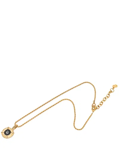 Pre-owned Dior 20th Century Gold Plated Enamel Logo Round Pendant Necklace Costume Necklace