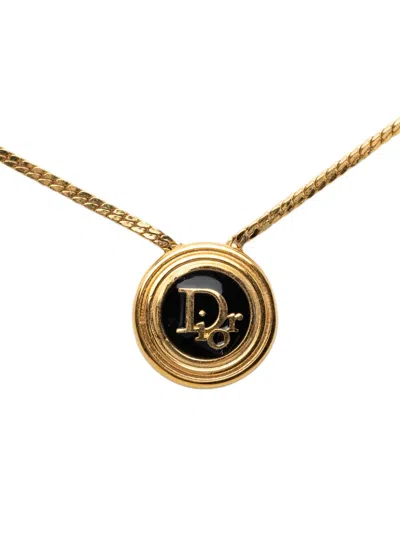 Pre-owned Dior 20th Century Gold Plated Enamel Logo Round Pendant Necklace Costume Necklace In Black