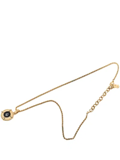 Pre-owned Dior 20th Century Gold Plated Enamel Logo Round Pendant Necklace Costume Necklace In Black