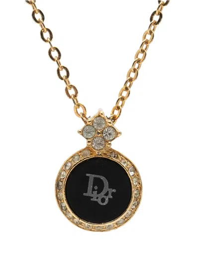 Pre-owned Dior 20th Century Gold Plated Enamel Strass Logo Pendant Necklace Costume Necklace In Black