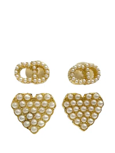 Pre-owned Dior 20th Century Gold Plated Faux Pearl Cd Logo Heart Drop Bullet Back Earrings Costume Earrings