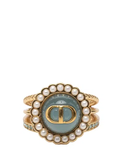 Pre-owned Dior 20th Century Gold Plated Resin Faux Pearl Strass Cd Logo Ring Costume Ring