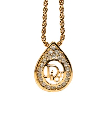 Pre-owned Dior 20th Century Gold Plated Strass Logo Teardrop Pendant Necklace Costume Necklace