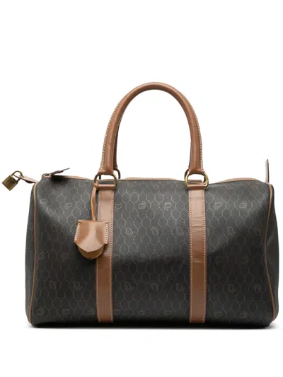 Pre-owned Dior 20th Century Honeycomb Coated Canvas Boston Bag In Black