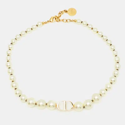 Pre-owned Dior 30 Montaigne Faux Pearl Gold Tone Choker Necklace
