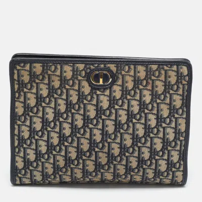 Pre-owned Dior 30 Montaigne Navy Blue Oblique Canvas Wristlet Pouch