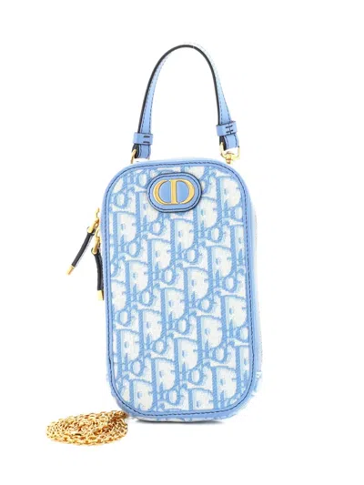 Pre-owned Dior 30 Montaigne Phone Holder On Chain Oblique Canvas Crossbody Bag In Blue