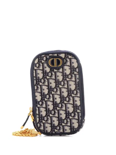 Pre-owned Dior 30 Montaigne Phone Holder On Chain Oblique Canvas Crossbody Bag In Blue