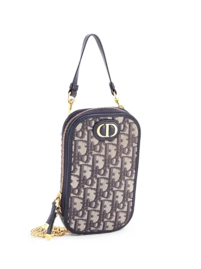 Pre-owned Dior 30 Montaigne Phone Holder On Chain Oblique Canvas Crossbody Bag In Blue