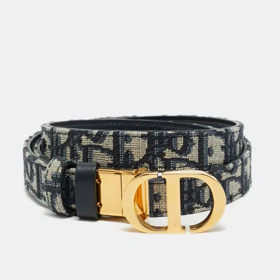 Pre-owned Dior 30 Montaigne Reversible Belt Navy Blue Oblique Canvas And Leather