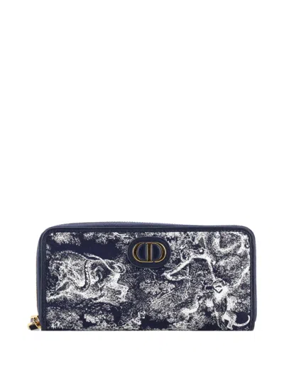 Pre-owned Dior 30 Montaigne Voyageur Wallet Toile De Jouy Reverse Jacquard Long Small Wallets In Blue
