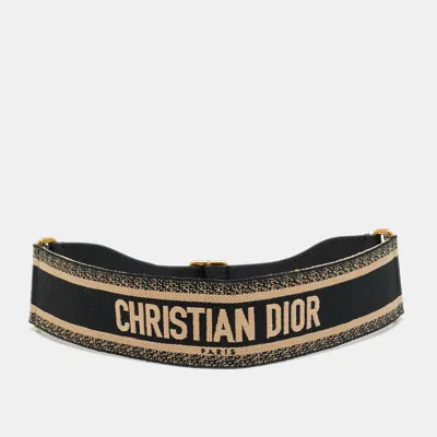 Pre-owned Dior 75 Cm Waist Belt Beige/black Embroidered Canvas And Leather In Sand