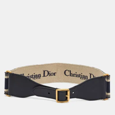 Pre-owned Dior 75cm Wide Buckle Belt Navy Blue/black Embroidered Canvas And Leather