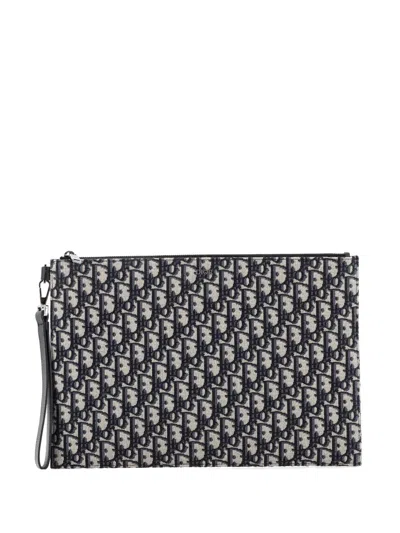 Pre-owned Dior A4 Zip Pouch Oblique Canvas Clutch Bag In Blue