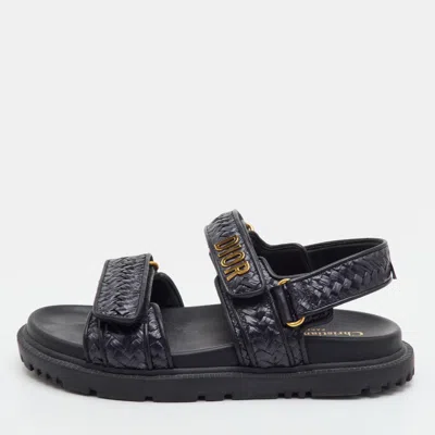 Pre-owned Dior Act Size 37.5 Black Leather And Raffia Ankle Strap Sandals