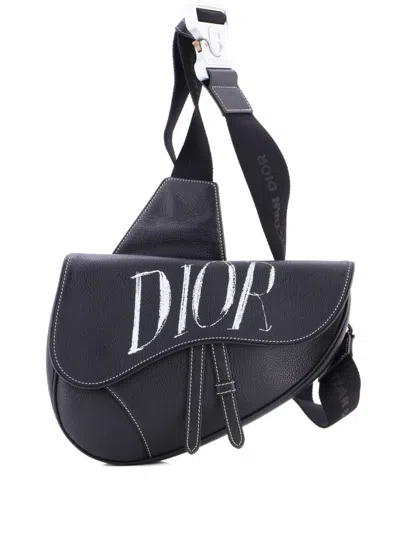 Pre-owned Dior Alex Foxton Logo Saddle Printed Leather Crossbody Bag In Black