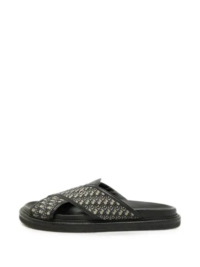Pre-owned Dior Alias Oblique Canvas Slide Sandals In Black