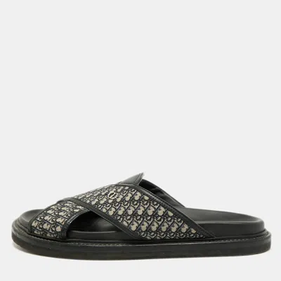 Pre-owned Dior Alias Size 45 Black Blue Oblique Canvas And Leather Slide Sandals