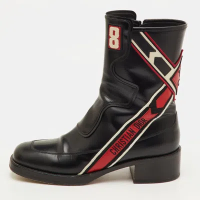 Pre-owned Dior Ally Size 40 Black/red Leather Mid Calf Motorcycle Boots