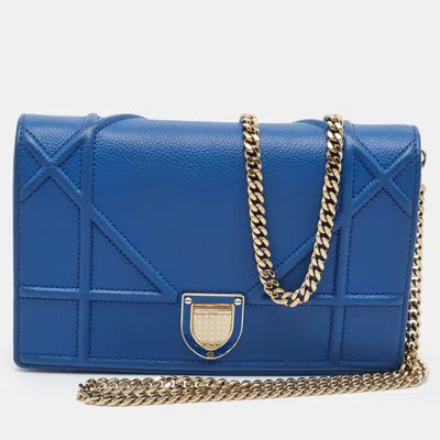 Pre-owned Dior Ama Blue Cannage Leather Wallet On Chain