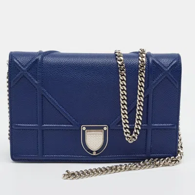 Pre-owned Dior Ama Blue Cannage Leather Wallet On Chain