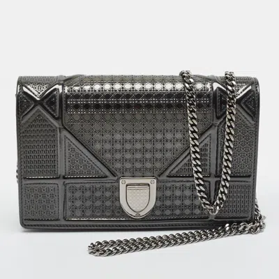 Pre-owned Dior Ama Dark Grey Micro Cannage Patent Leather Wallet On Chain In Gray